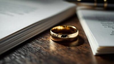 Divorce filing paperwork with wedding ring on desk