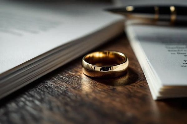 Divorce filing paperwork with wedding ring on desk