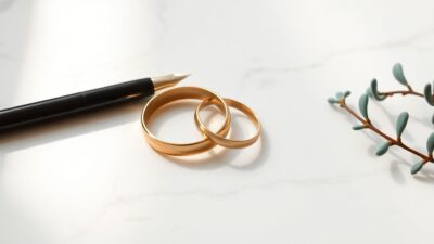 Engaged couple reviewing prenuptial agreement with family law attorney in modern office
