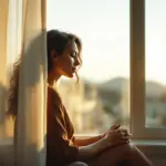Bay Area woman in soft window light, reflecting