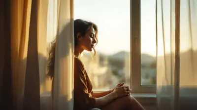 Bay Area woman in soft window light, reflecting