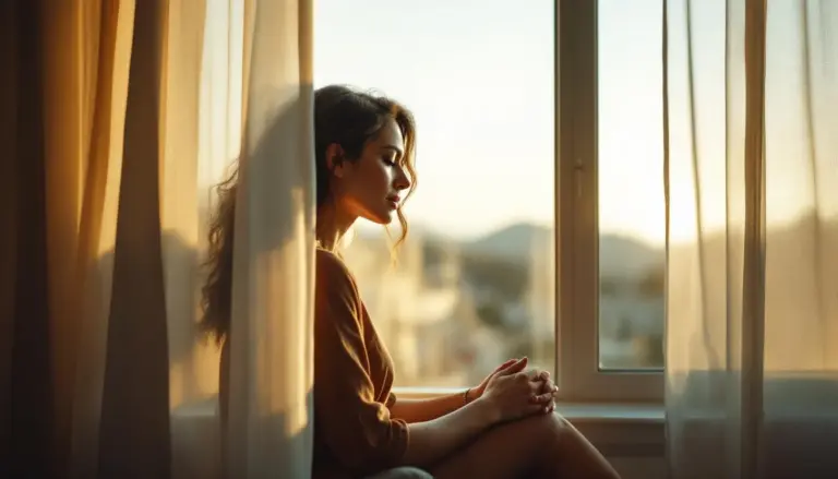 Bay Area woman in soft window light, reflecting