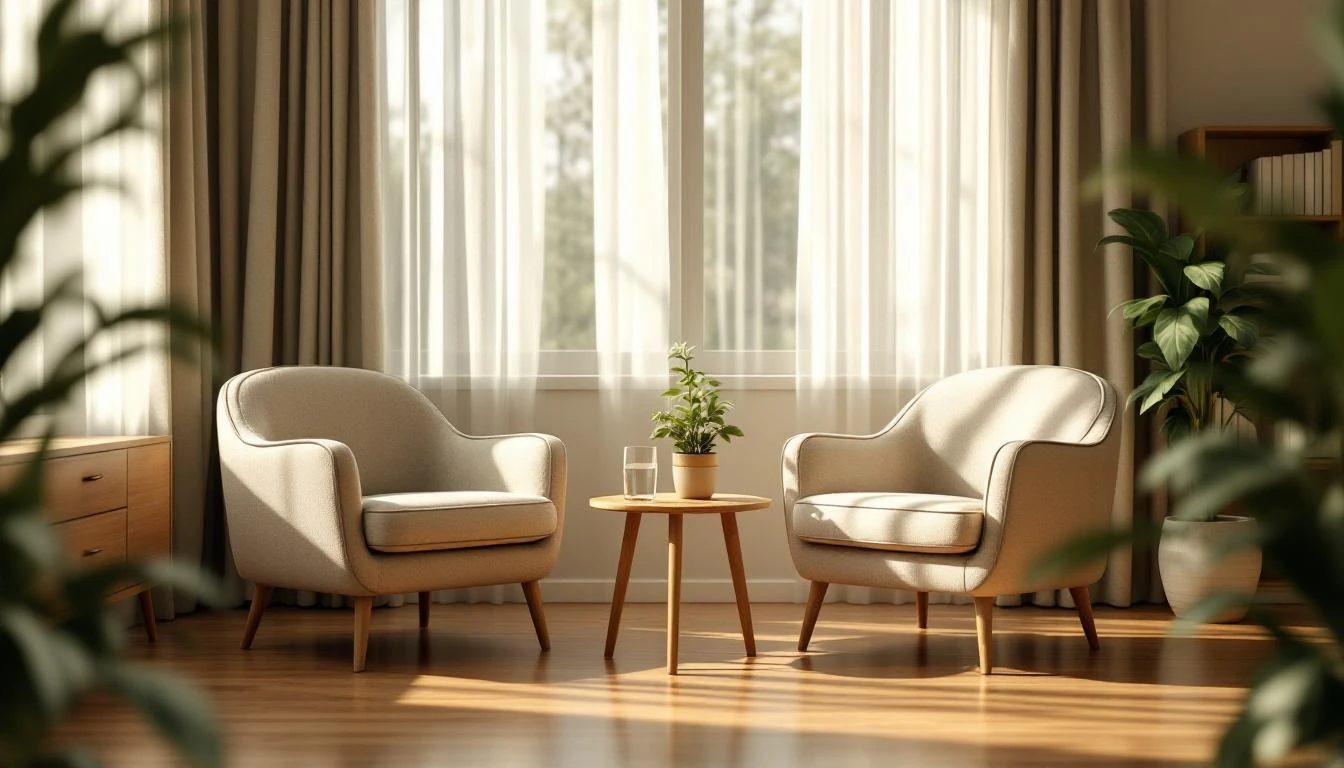 A quiet therapy office with two armchairs facing each other in soft morning light