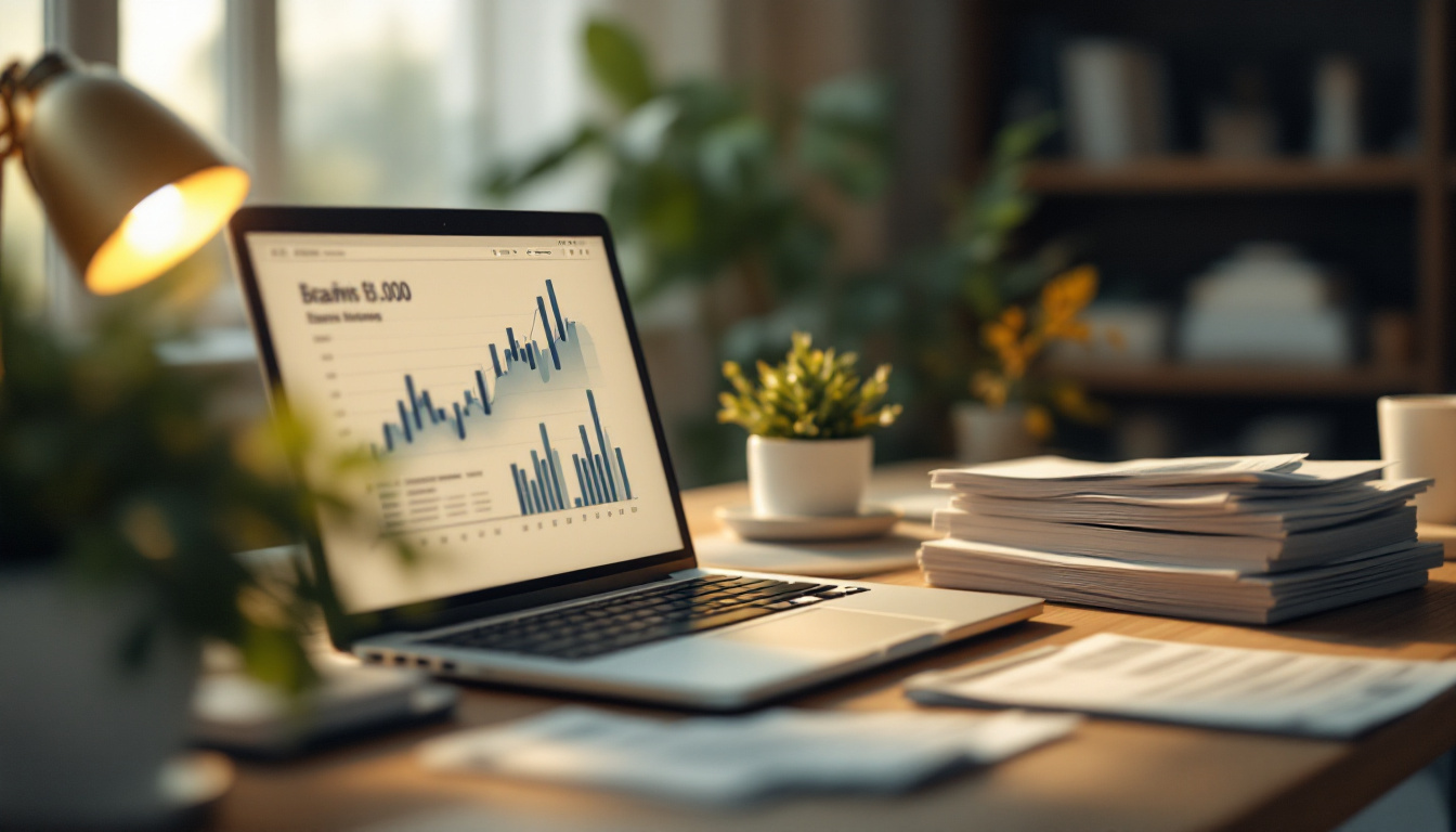 Laptop showing a financial chart beside stacks of bank statements representing financial transparency in marriage