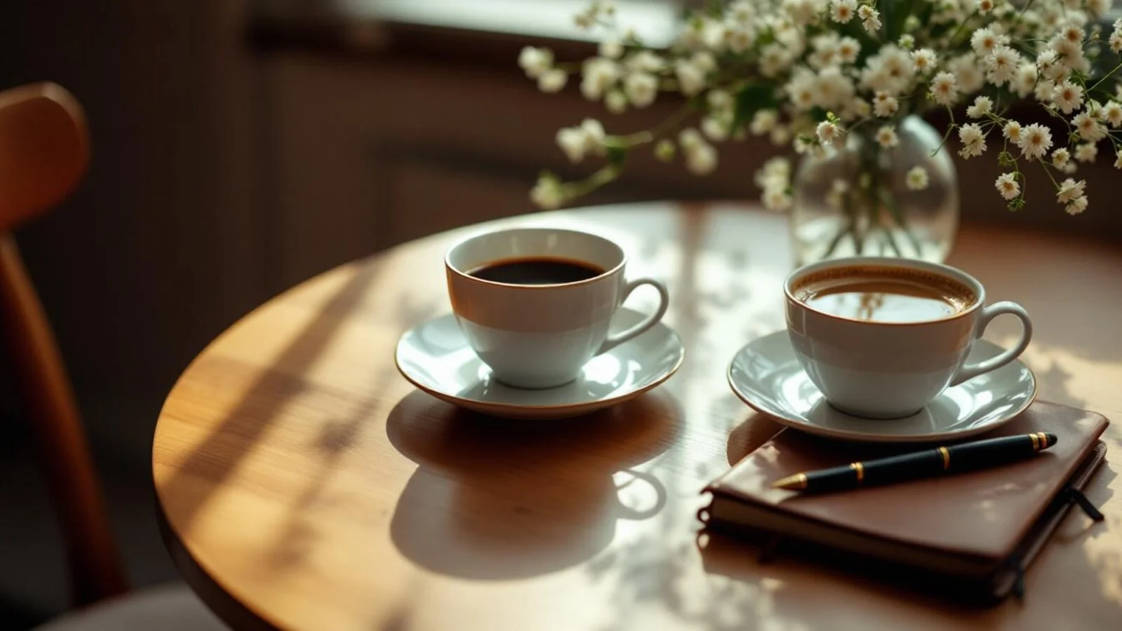 Two coffee cups and an open leather notebook on a sunlit wooden table, evoking an important conversation