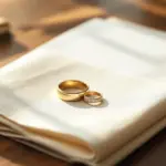 Two wedding rings resting on cream-colored linen napkin beside a fountain pen, symbolizing thoughtful preparation
