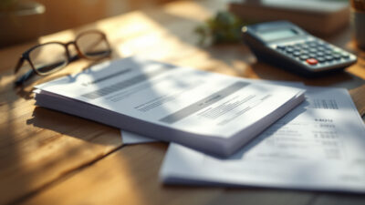 Hands holding financial documents and a calculator at a sunlit desk representing financial transparency in marriage